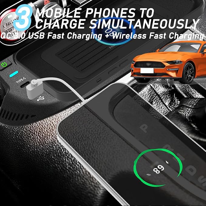 CenNa Wireless Car Charger for Ford Mustang (2015-2023) All Models Accessory with 15w Wireless and USB Qc3.0+Type-C Fast Charging Gift for Family