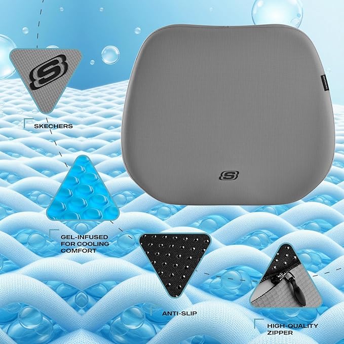 Skechers Seat Cushion Premium Gel & Memory Foam-Office Chair Cushion for Tailbone Pain Relief,Butt Pillow for Office Chair,Car seat Cushion,Long Sitting Office Workers,and Car Drivers,Gray