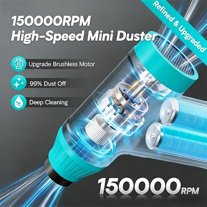 Compressed Air Duster Keyboard Cleaner - Electric Air Blower Cleaning Kit 150,000 RPM Mini Blower Spray to Dust Off Car, PC, Keyboard, Vacuum (Green)
