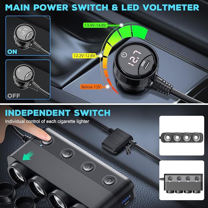 Cigarette Lighter Splitter Car Charger, 300W 4 Socket Car Plug in Outlet 12V Adapter with Dual PD 36W and QC3.0 USB C Multi Port & Independent Switch & Dust Cover & Voltmeter for All Car Devices