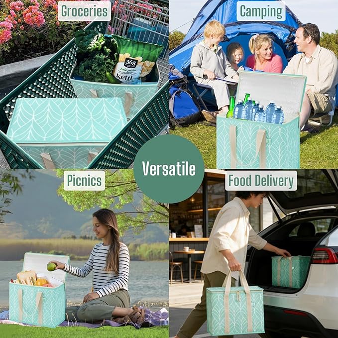 VENO 2 Pack Cooler Bag, Insulated Grocery Bags for Food Delivery, Collapsible Cooler, Reusable Shopping Bags for Groceries, Hard Bottom, Zippered, Foldable (Evergreen, 2 Pack)