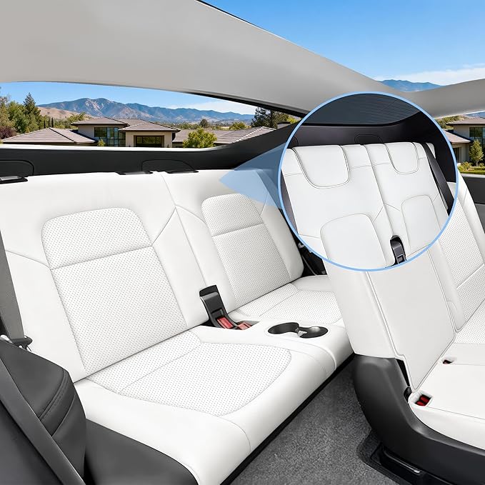 Custom Fit Tesla Model Y Seat Cover 7 Seaters Fully Wrapped Front and Semi-Wrapped Third Row (White-3 Rows)