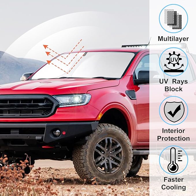 Windshield Sun Shade Compatible with 2019-2024 2025 2026 Ford Ranger Accessories Custom Fit Sunshade Sun Visor Heat Protection Keep Car Interior Cool