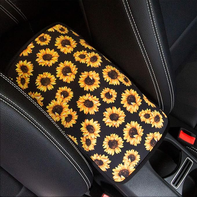 JoyLamoria Sunflower Print Universal Car Center Console Armrest Cover Waterproof Auto Arm Rest Cushion Pads Armrest Protector Car Interior Accessories