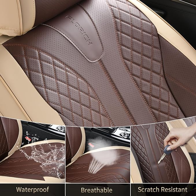 FLORICH Front Seat Covers 2 Pieces Universal Seat Cover for Cars Breathable Leather Waterproof Car Seat Cover Driver Seat Cover Automotive Car Seat Cushion Fit for Most Cars SUV Trucks, Beige&Coffee