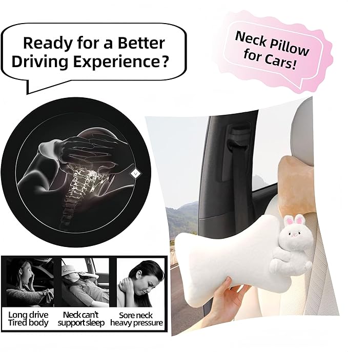Car Headrest Pillow 2PCS Plush Bear ＆ Bunny Car Seat Headrest Pillow - Memory Foam Neck Support Cushions for Comfortable Driving, Easy Install & Washable (White Rabbit)