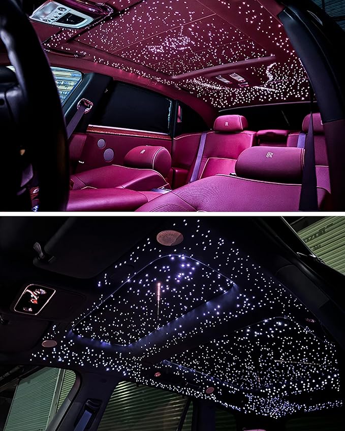 Starlight Headliner Kit for Car, 750pcs 0.03in x 9.8ft Fiber Optic Star Lights with 16W RGBW, 200 White Shooting Stars, App & Remote Control Car Ceiling Projector