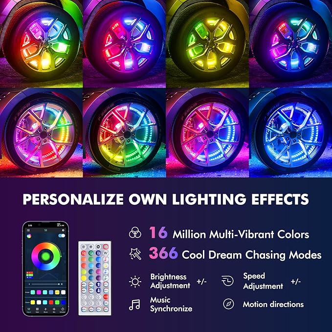 Ehaho 17" Double Row Wheel Lights, Brighter RGB Dream Chasing LED Rim Lights with App & Remote Control, Music Wheel Ring Light with Turn & Braking Signal Compatible with Various Trucks SUV Car（4PCS）
