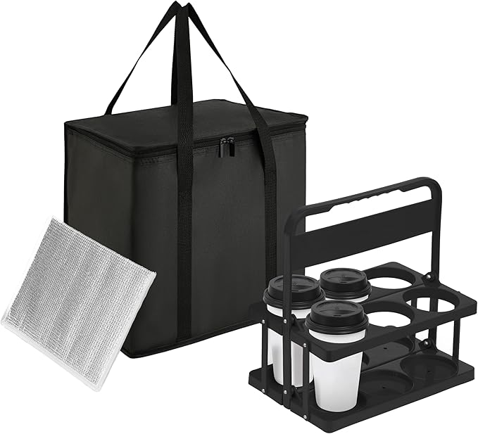 Reusable 6 Cup Drink Carrier with Handle and Insulated Food Delivery Bag, Portable Plastic Cup Caddy, 26L Grocery Cooler Box for Car Delivery, Travel, Picnic