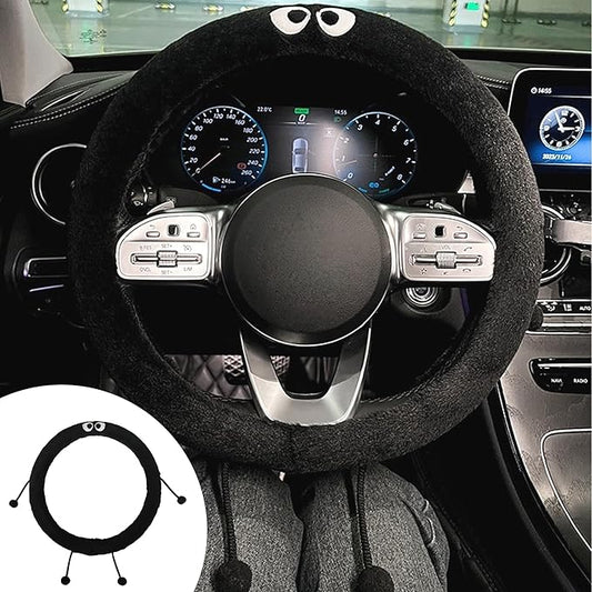 Car Headrest Pillow & Steering Wheel Cover Set with Cute Big-Eyed Furball Travel Neck Support Pillow Fur Car Interior Accessory (Black Ring Cover)