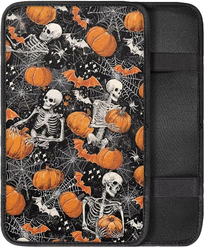 Halloween Pumpkin Skull Car Armrest Pads Car Armrest Cushion Arm Rest Covering Car Middle Console Covers Non Slip for Truck Auto SUV Car Accessories