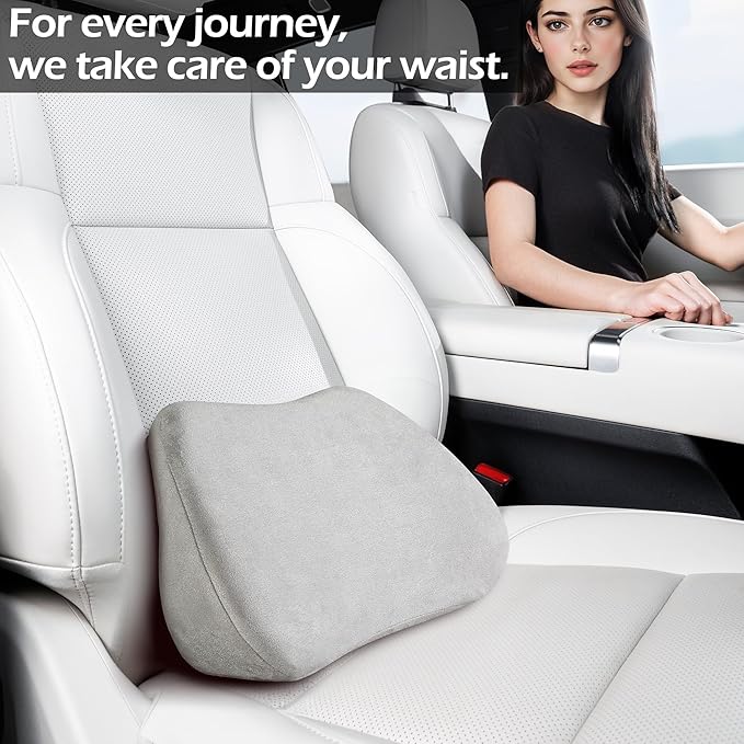 Lumbar Support Pillow for Car, Ergonomic Memory Foam Back Cushion for Driving, Seat Office Chair, Gaming Chair, Lower Back Support for Back Pain Relief, Gray, 2 Pack