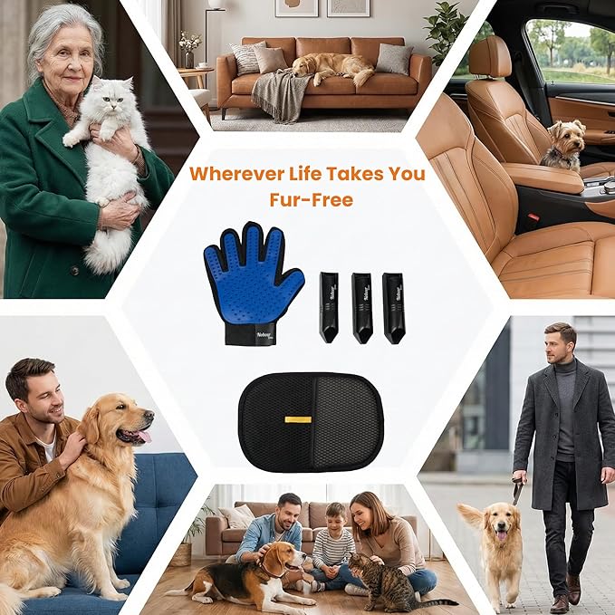 Pet Hair Remover & Shedding Solution: 5-Piece Complete Kit with Dog Grooming Glove, Furniture Cleaner Pad, and 3-Pack Washable Reusable Lint Rollers - Ideal for Home, Clothes, Carpet