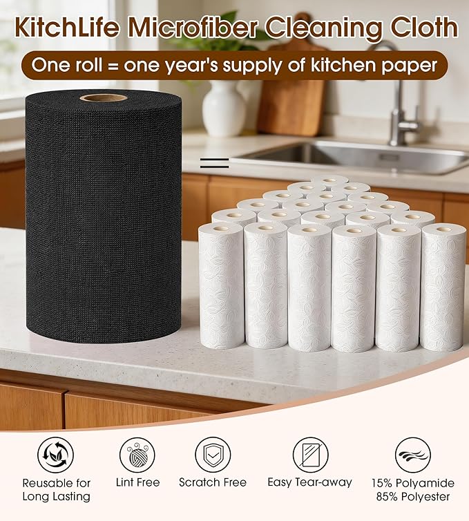 KitchLife Microfiber Cleaning Cloth Roll, 100 Pack - Tear-Away Microfiber Paper Towels, Lint-Free, Reusable, Washable for Kitchen, Car, Dishes, and Sensitive Surfaces (Black)