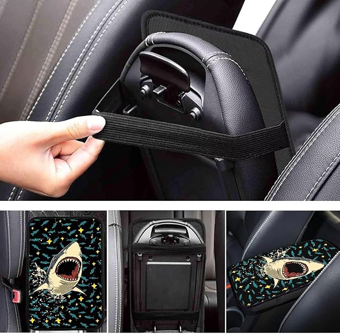 Shark Print Arm Rest Cover for Car Non Slip Car Center Console Cover Shark Car Interior Accessories Non Slip Armrest Cushion Protector Fit Most SUV Trucks Van Vehicle