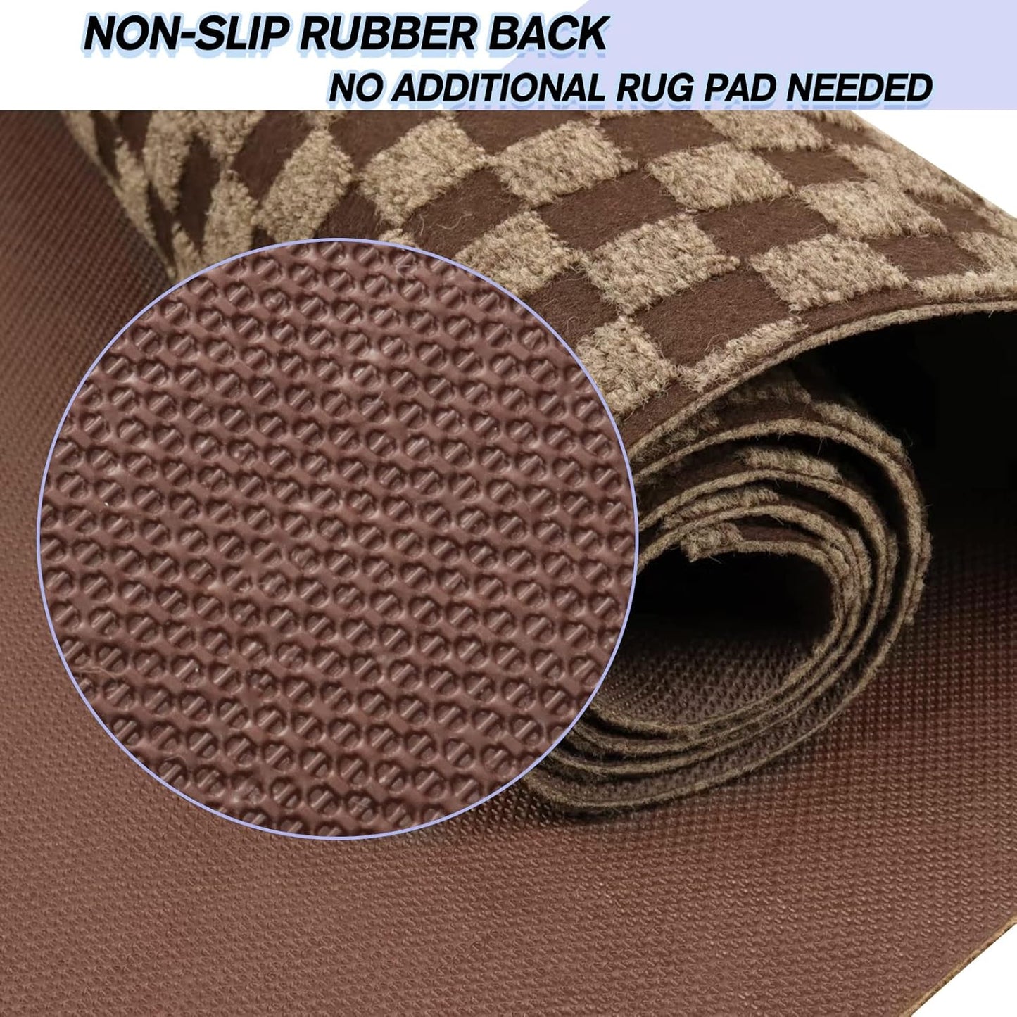 Custom Size Backed Non-Slip Area Rugs Runner, Easy Clean, Waterproof Runner Rugs for Hallway Entryway, Kitchen, Laundry, 4FT x 43FT, Brown Checkered