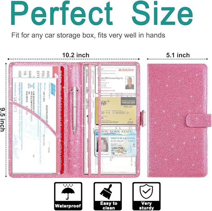 RSAquar Car Registration & Insurance Holder - Leather Glove Box Organizer, Cool Accessories for ID, Driver's License Cards & Docs, Men & Women, Pink Glitter