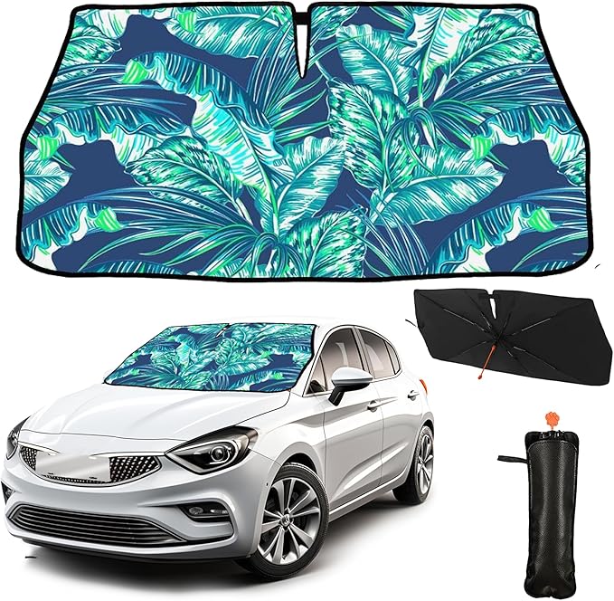 CHILL·TEK Funny Car Windshield Sun Shade Umbrella, Monstera Leaf Car Sun Shade Umbrella, Block UV Rays Heat Foldable Windshield Umbrella Sun Visor Protector - Keep Vehicle Cool for Cars SUV