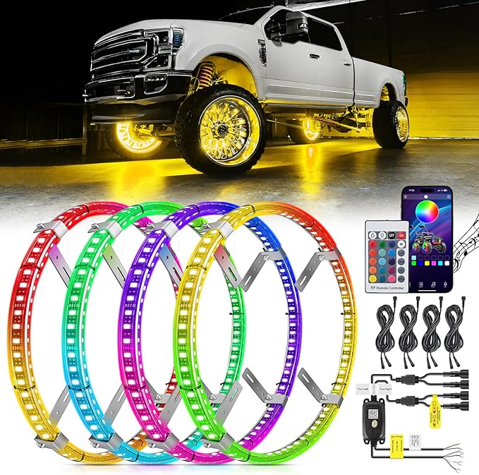 Nilight 4PCS 15.5inch Double Row LED Wheel Ring Lights RGB with APP and Remote Control Neon Lights w/Turn Signal and Braking Function Dual Row for Car Van SUV Truck