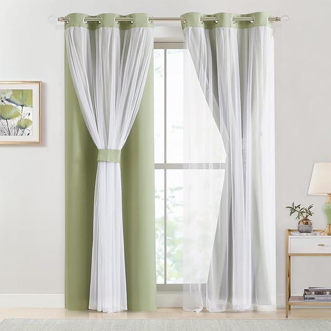 Bujasso Sage Green Blackout Curtains with Sheer Overlay Mix and Match Double Layer Thermal Insulated Window Panels 90 inch for Living Room Bedroom Green Drapes with Tiebacks Grommet Top 54" Wx90 Lx2