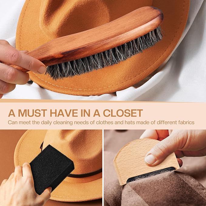 4 Pcs Horsehair Felt Hat Brush Kit with Cleaning Sponge Cowboy Clean Hat Wood Fedora Hat Cleaning Set Baseball Cap Lint Brush Remove Dust for Hair Furniture Suits Clothes(Style C)