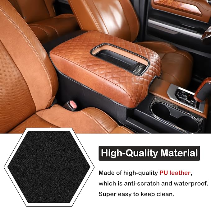 Aunginsy Leather Center Console Armrest Cover Compatible with Toyota Tundra 2014-2021, Car Armrest Pad Seat Box Cover Cushion Lid Anti-Scratch Protector Waterproof Plaid Brown Interior Accessories