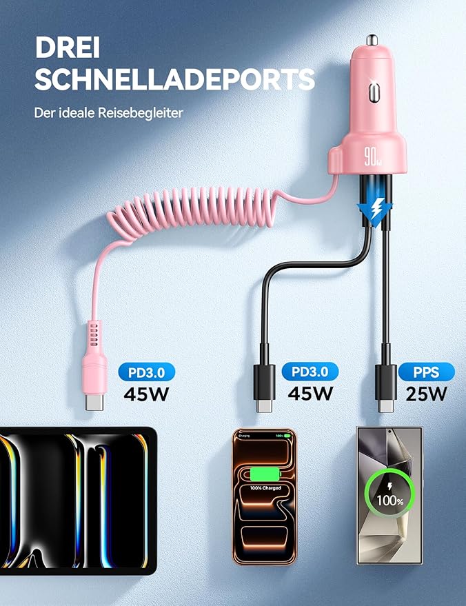 USB C 90W Car Charger for iPhone 17/16 Pro Max, PD & QC3.0 w/5 ft 45W Type C Coiled Cable, Fast Car Phone Charger Adapter for iPhone 17Air/15 Pro, Samsung Galaxy S25/S24/S23, Pixel 10/LG/Android, iPad