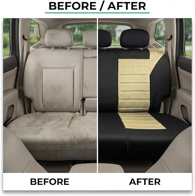 FH Group Automotive Car Seat Covers Rear Set Premium 3D Air Mesh Seat Covers, Airbag Compatible and Split Bench Cover Universal Fit Interior Accessories for Cars Trucks and SUVs - Beige