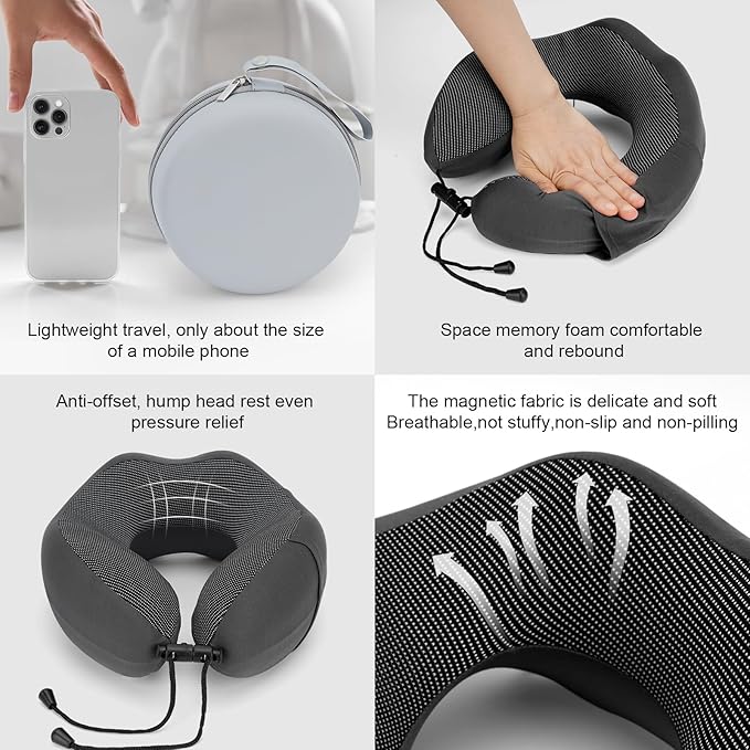 Travel Neck Pillow for Airplanes,100% Memory Foam Neck Support Pillow,Ergonomic U-Shaped 360° Neck Support,Portable with Storage Box,for Flight,Car,Train,Office & Home (Dark Gray)