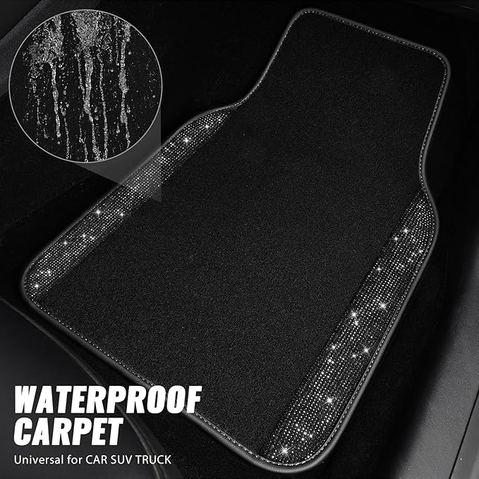 CAR PASS Bling Diamond Car Floor Mats, Sparkling Crystal Shining Glitter Rhinestone Carpet, Anti-Slip PVC Heel Pad Waterproof Universal for Automotive SUV,Sedan,Van,4pcs Girl Women Men Black Diamond