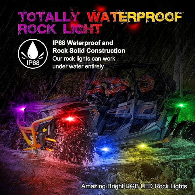 RGB LED Rock Lights Kit, 6 pods Underglow Multicolor Neon Pod with Bluetooth App Control Flashing Music Mode IP68 Exterior Wheel Well Light for Truck ATV UTV RZR SUV