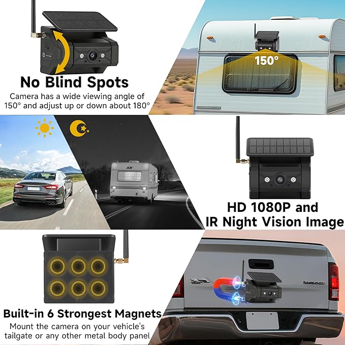 Magnetic Solar Wireless Backup Camera for Truck RV Car Trailer Pickup: HD 1080P No Wiring No Drilling IR Night Vision IP69K Waterproof Rechargeable Portable Backup Camera with 5" IPS 2-Split Monitor