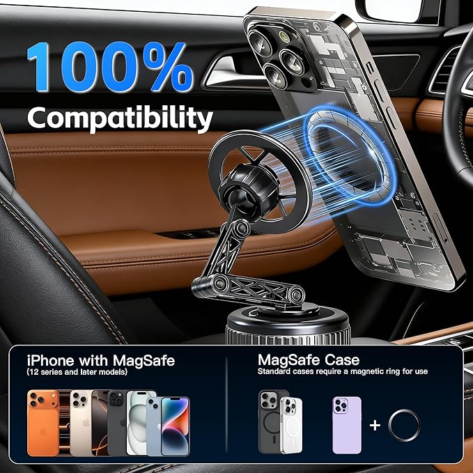 Car Phone Holder [120LBS Strongest Suction 2800gf Magnetic], 360° Adjustable for Magsafe Car Mount, Car Phone Mount for Cars/Gyms/Mirrors/Shower Stalls, Compatible with iPhone and Android Devices (6)