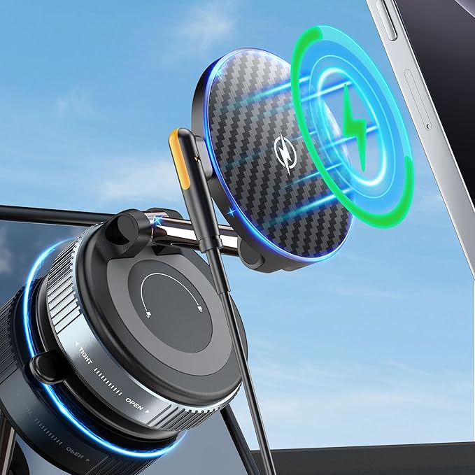 PlusAcc Vacuum Magnetic Phone Holder for Car, Suction Cup Phone Mount for MagSafe, 360°Rotatable Strong Magnet Stand for iPhone 16/15/14/13 in Smooth Surface (Charging)