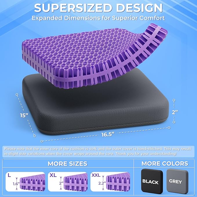 TushGuard Gel Seat Cushion for Long Sitting, Enlarged & Thickened Patent Design Office Chair Seat Cushion, Breathable Cooling Pads for Chairs, Soft Car Cushions for Wheelchair(X-Large, Grey)