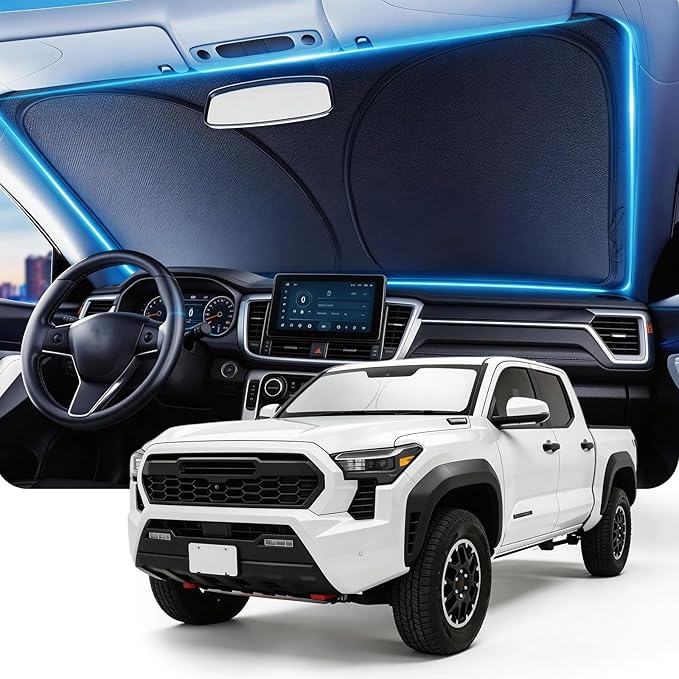 DMJN Windshield Sun Shade for Toyota Tacoma (2024-2026), Car Sunshade for Front Windshield [100% Efficient Block UV & Scorching Sun] UPF50+ Heat Block - Protect Interior & Keep Cooler