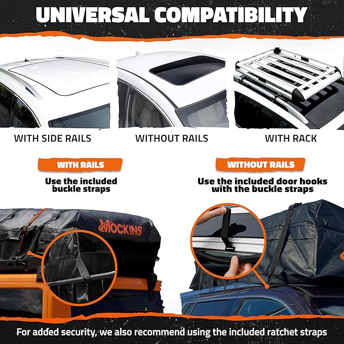 Mockins 35 Cu Ft Black Rooftop Cargo Carrier Bag | 60"x42"x24" Roof Bag Cargo Carrier for Top of Vehicle | Vehicle Soft-Shell Carriers for Car Roof Storage w/Accessories | Use with or w/o Roof Rack