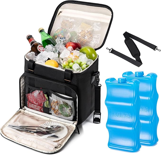 Soft Cooler Bag with Two Ice Packs,Collapsible Cooler for Travel with Adjustable Shoulder Strap,Large Capacity Leakproof Insulated Soft Sided Cooler Bag for Camping, Hiking, Picnic