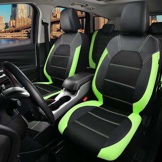 CAR PASS Luminous Green Leather seat Covers Universal Sport car seat Cover, 5mm Composite Sponge Inside, Airbag Compatible fits Most Cars, SUVs,Trucks,Vans (Full Set,Black with Green)