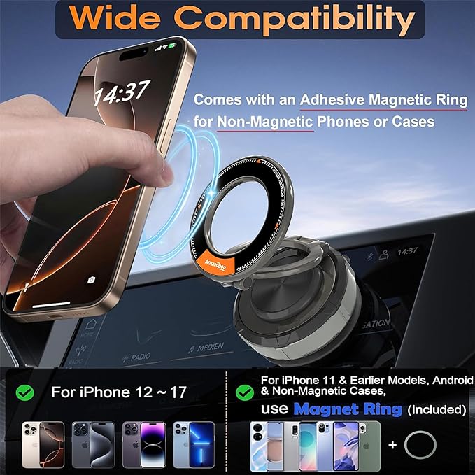 Phone Holders for Your Car Phone Holder Mount for MagSafe 360° Adjustable Vacuum Suction Magnetic Car Phones Mount Cellphone Holder for iPhone 16 15 14 13 12 Series and Android (Zinc Alloy)