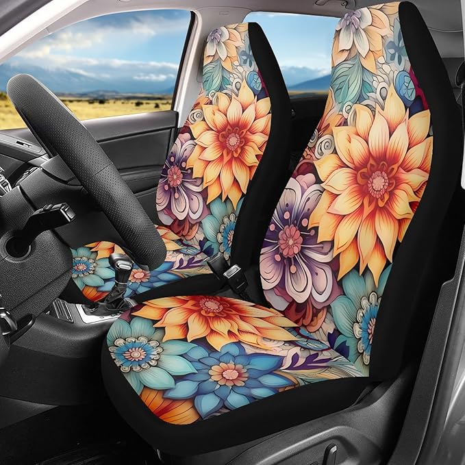 BIGCARJOB Blossoms Flower Car Seat Covers for Womens,Full Set of 2 Pcs Bohemian Floral Style Auto Front Seat Protector Durable Saddle Blanket Vehicle Seat Interior Accessories Cushion Pads