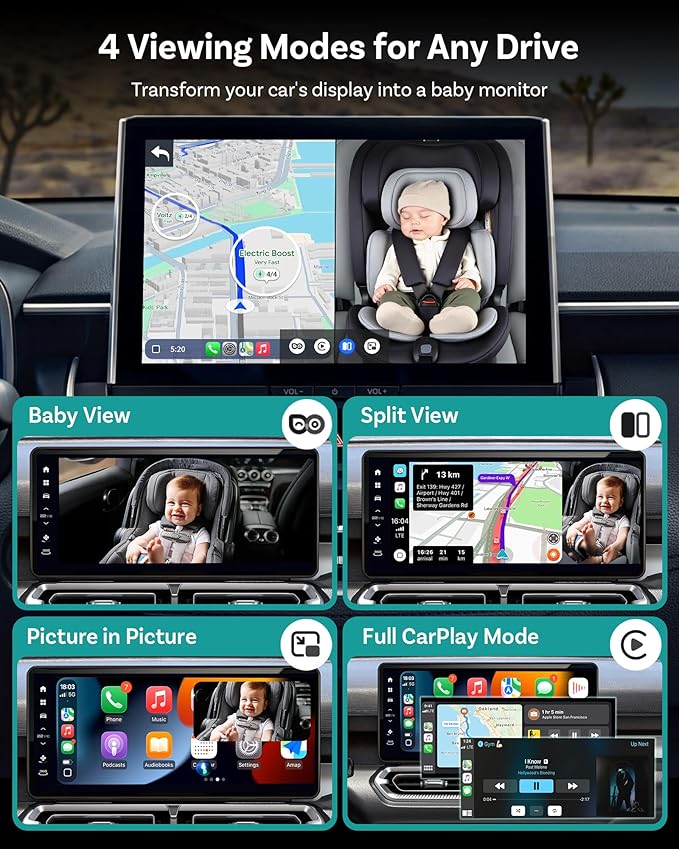 OTTOCAST Cabin Care Baby Car Camera with Wireless CarPlay, 1080P HD Rear Seat Monitor on Car Screen, No-Glow Night Vision, Split Screen Display, Safer Driving for Parents and Baby, 150° Wide Angle