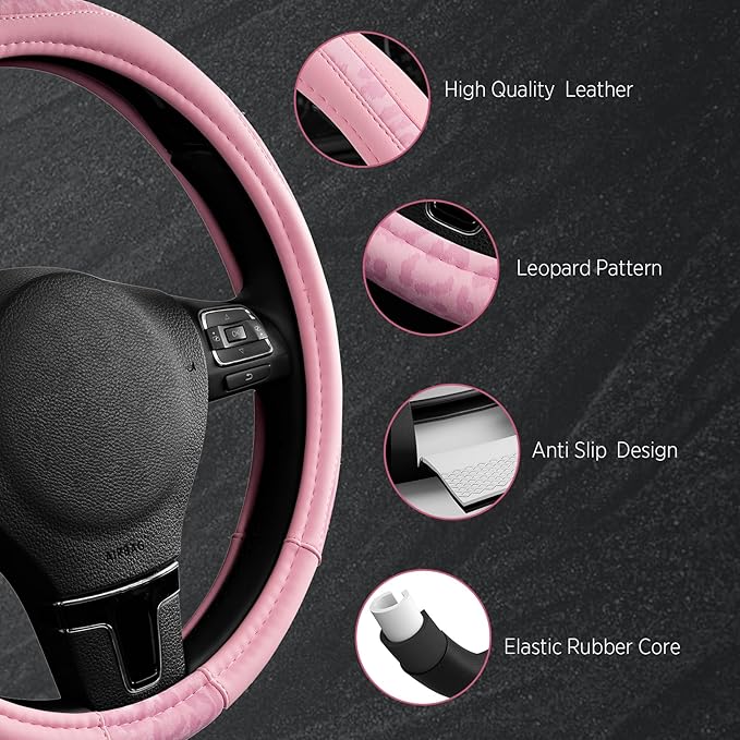 Road Comforts Steering Wheel Cover - Made with PVC Leather and Leopard Fabric - Universal 14 1/2 inches to 15 inches for Most Automotive Steering Wheel - Cheetah Print - All Pink