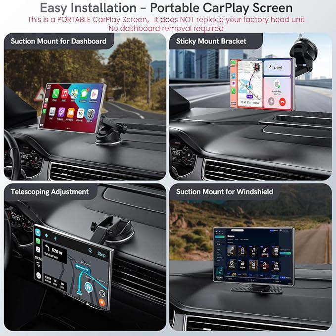 Portable CarPlay Screen for Car,Car Stereo with Apple CarPlay & Android Auto,Incell Touch Screen,4K Dash Cam,1080P Backup Camera,Mirror Link, Voice Control, Bluetooth 5.3,GPS,FM (9 Inch)