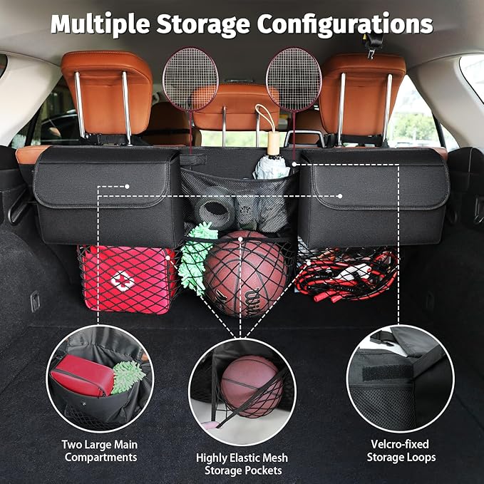 Deluxe Trunk Organizer for Car Small SUV, Backseat Hanging Trunk Organizer, Waterproof Collapsible Car Storage Bag with 6 Pockets, Reinforced No-Sag Design
