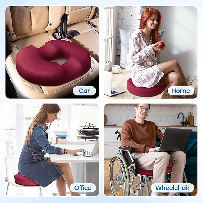 Donut Pillow Seat Cushion - Cooling Gel Outdoor Chair Cushions, Memory Foam Seat Cushion for Office & Home, Car Seat and Patio Furniture Cushions, Hemorrhoids Pillow and Tailbone Pain Relief, Red