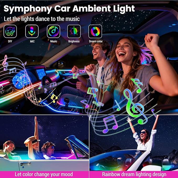 Dream Color Acrylic Interior Car Ambient Light Kit, Bphuny 30 in 1 593 LEDs Fiber Optic Multiple Modes Decoration Atmosphere Lights with Music Dynamic Rainbow Rhythm, RGB Neon Lights for All Cars