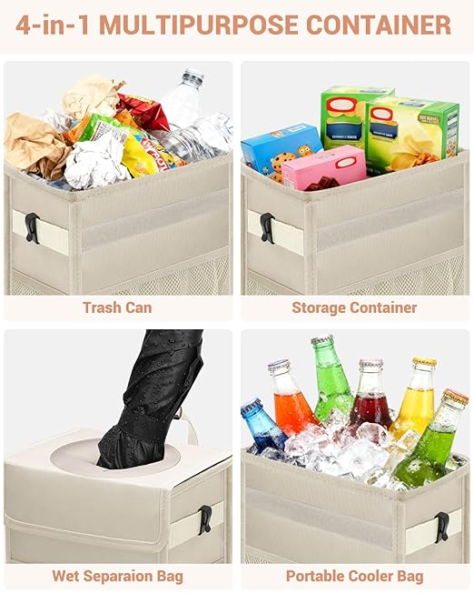 Capolo Car Trash Can with Lid, Leakproof Car Trash Bag Hanging Waterproof Automotive Garbage Can with Storage Pockets Mini Vehicle Trash Bin for Back/Front Seat(Beige,2.5 Gallon)