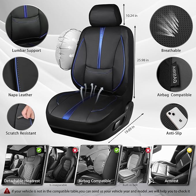 CAR PASS Nappa Leather Two Front Car Seat Covers, Water Resistant Faux PU Leather Seat Covers, 3D Foam Support Automotive Seat Covers Comfortable & Durable Universal Fit for Cars SUV Truck, Black Blue