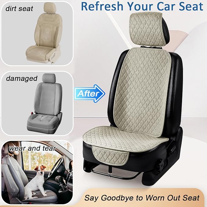 2 Pack Linen Car Seat Covers Front Seat Covers Breathable Cloth Fabric Car Seat Protector Universal Fit Most Automotive, Van, SUV, Trucks (2Pack Beige)